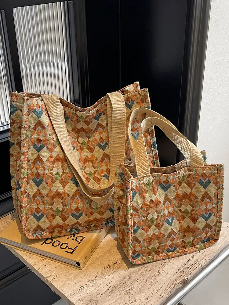 Women's Printed Canvas Tote Bag Large Capacity Brown Green - Image 9