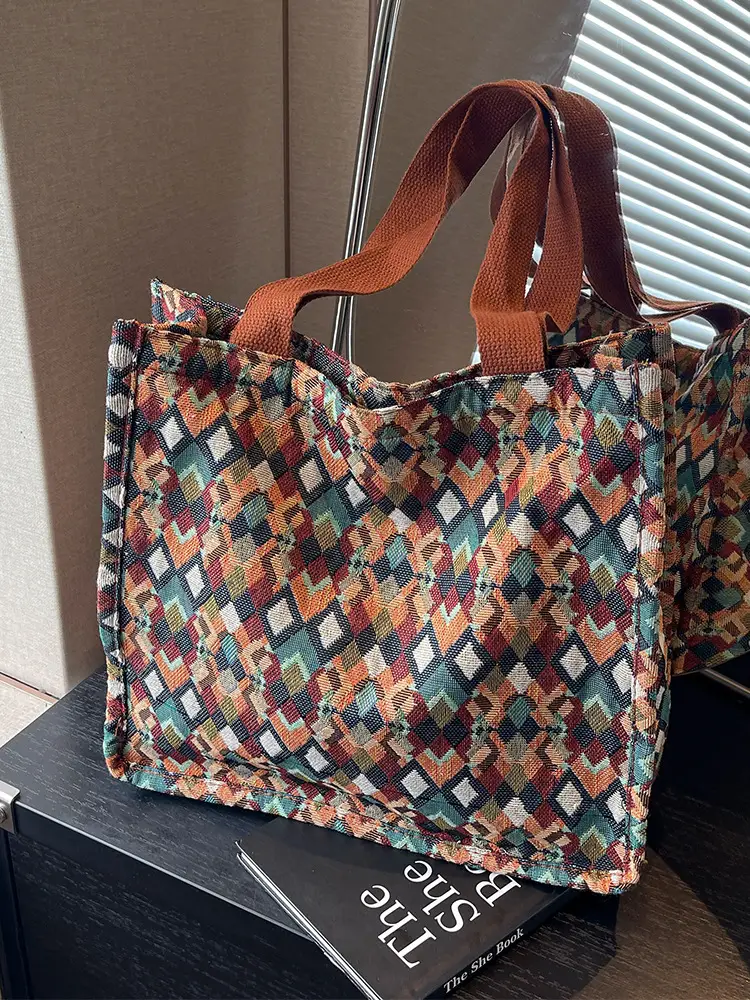 Women's Printed Canvas Tote Bag Large Capacity Brown Green - Image 10