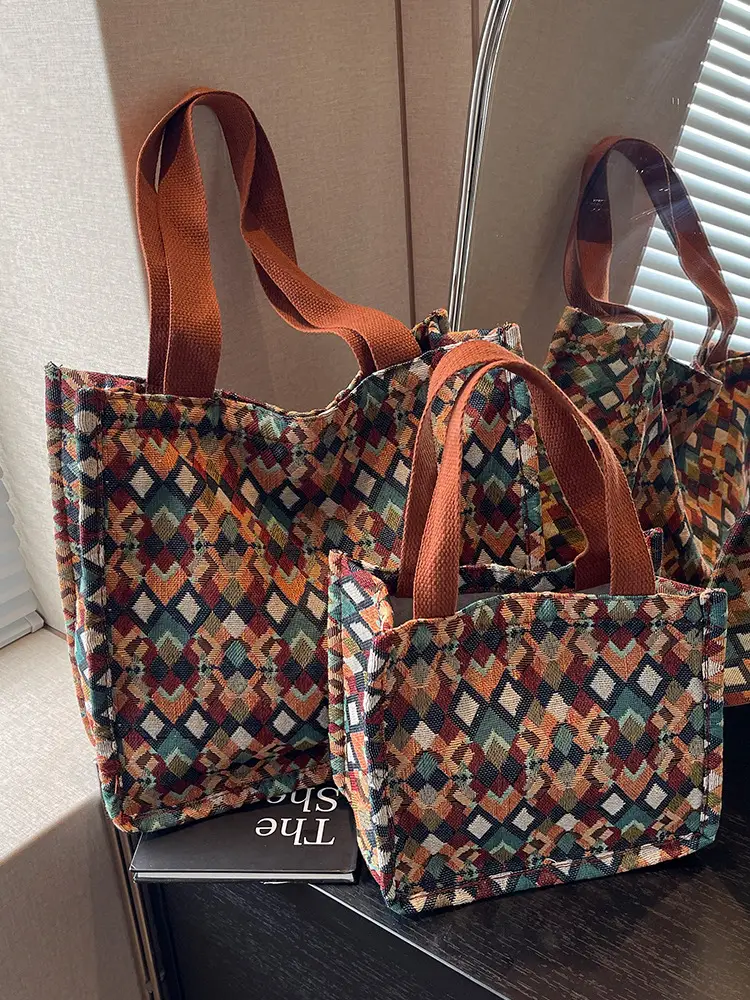 Women's Printed Canvas Tote Bag Large Capacity Brown Green - Image 11
