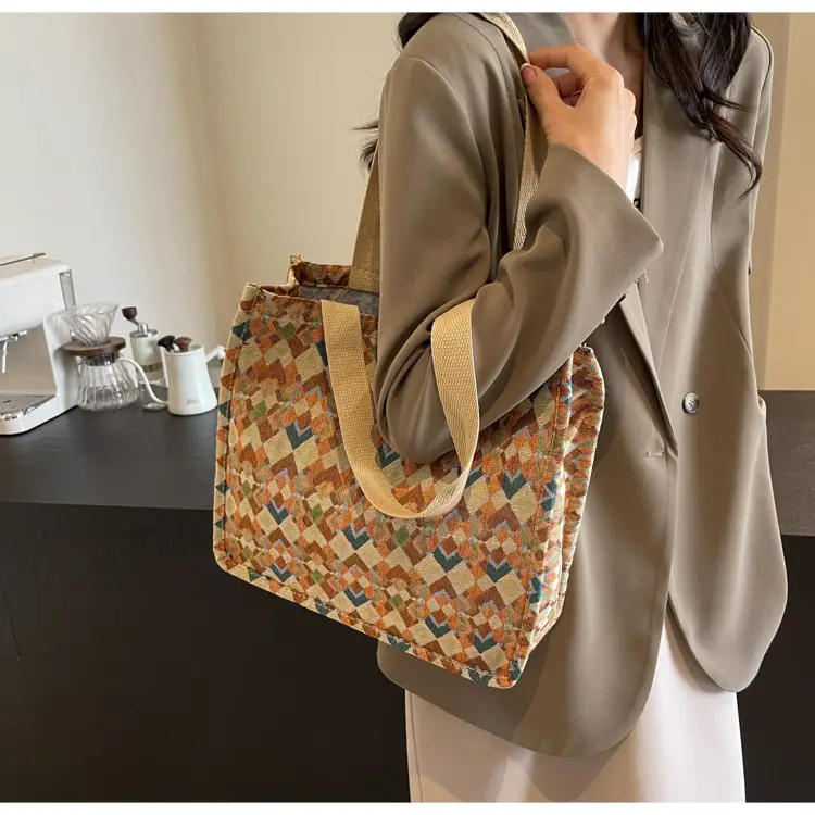 Women's Printed Canvas Tote Bag Large Capacity Brown Green — feature 14