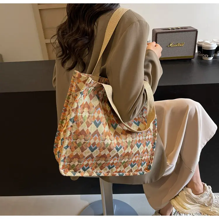 Women's Printed Canvas Tote Bag Large Capacity Brown Green — feature 15
