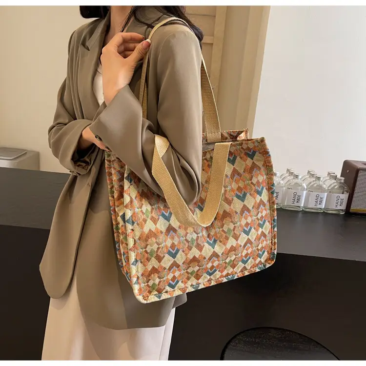 Women's Printed Canvas Tote Bag Large Capacity Brown Green — feature 16