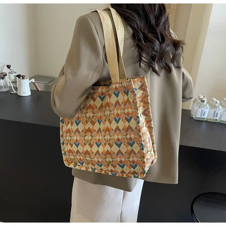 Women's Printed Canvas Tote Bag Large Capacity Brown Green — feature 17
