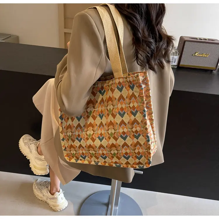 Women's Printed Canvas Tote Bag Large Capacity Brown Green — feature 18