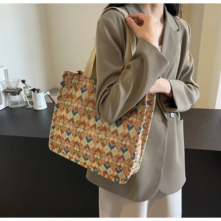 Women's Printed Canvas Tote Bag Large Capacity Brown Green — feature 19