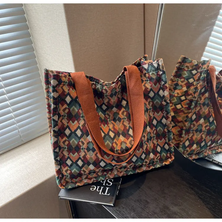 Women's Printed Canvas Tote Bag Large Capacity Brown Green — feature 23