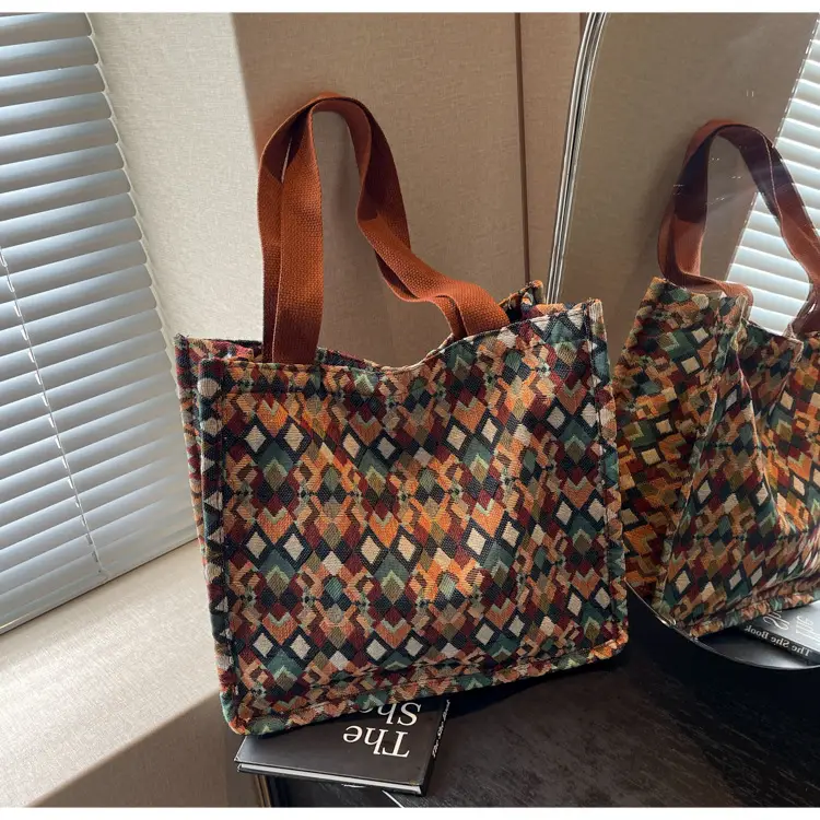 Women's Printed Canvas Tote Bag Large Capacity Brown Green — feature 24