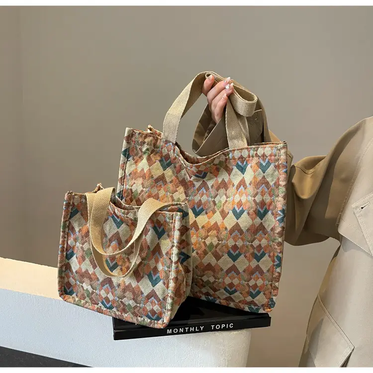 Women's Printed Canvas Tote Bag Large Capacity Brown Green — feature 26