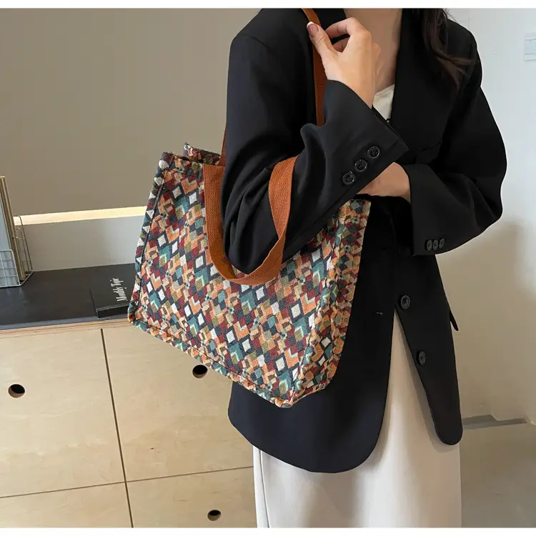 Women's Printed Canvas Tote Bag Large Capacity Brown Green — feature 6