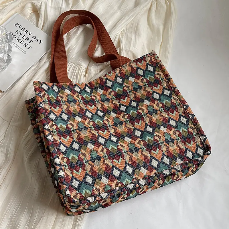 Women's Printed Canvas Tote Bag Large Capacity Brown Green - Image 3