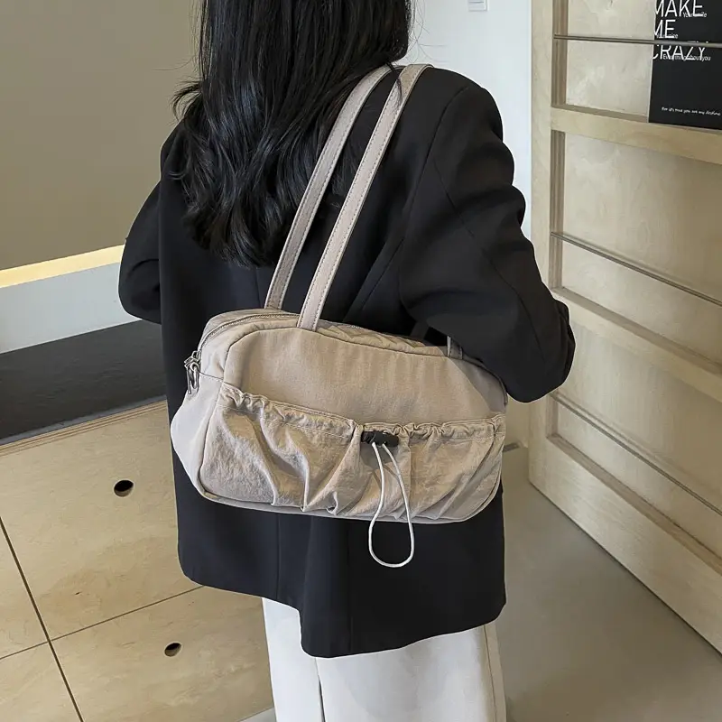 Japanese Style Drawstring Shoulder Bag Women Large Capacity Beige - Image 5