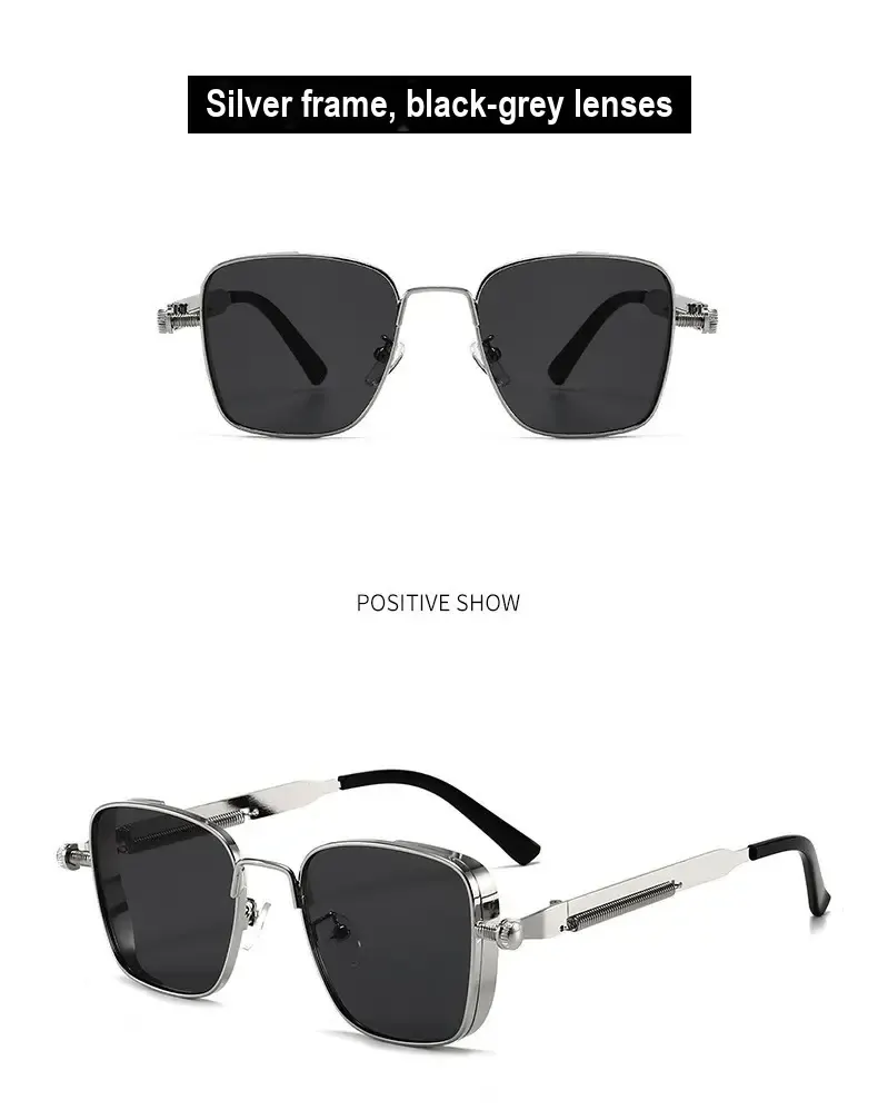 Silver-frame sunglasses with dark grey lenses shown from front and at an angle.