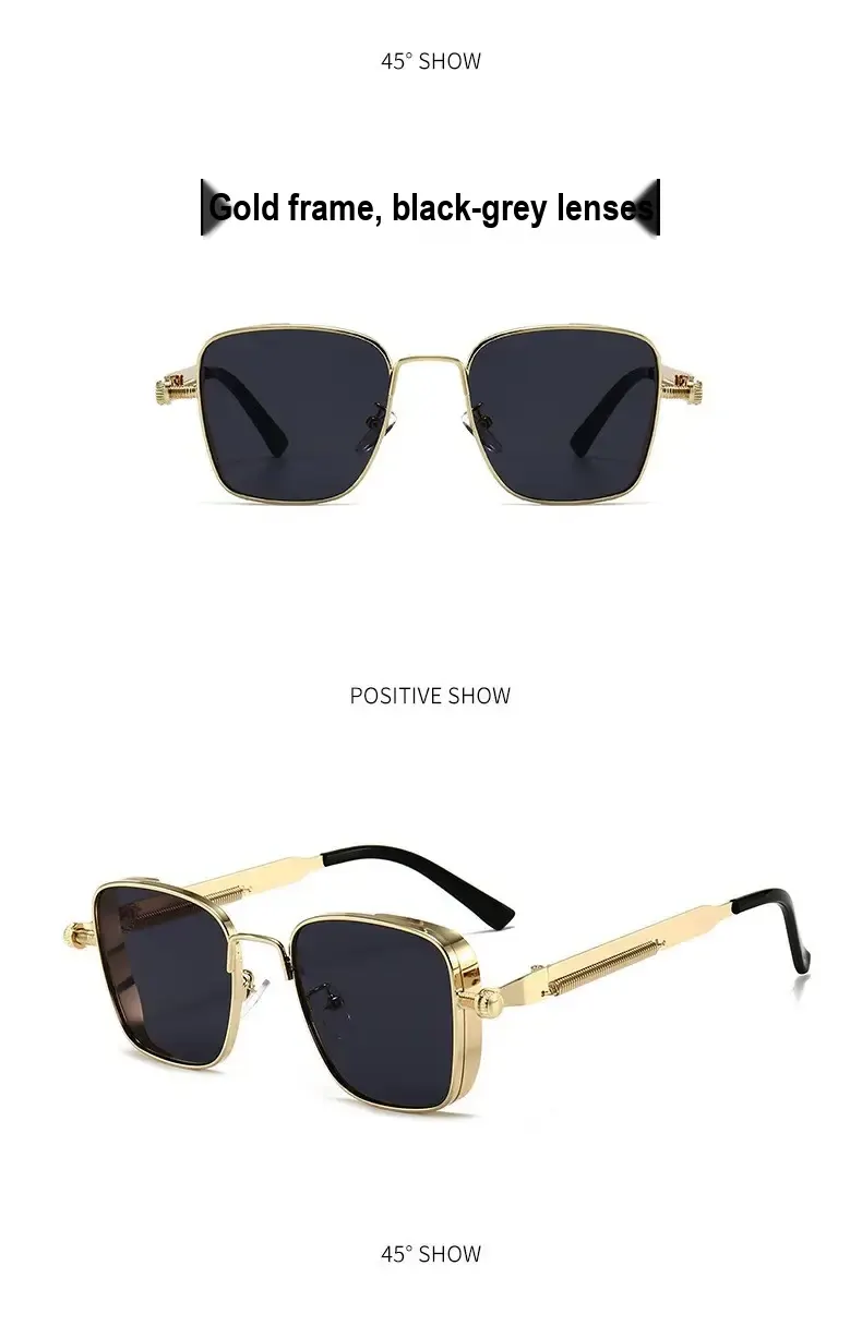 Gold-frame sunglasses with dark lenses shown from front and at an angle.