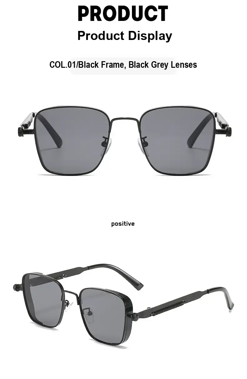 Black-frame square sunglasses with grey lenses shown from front and at an angle.