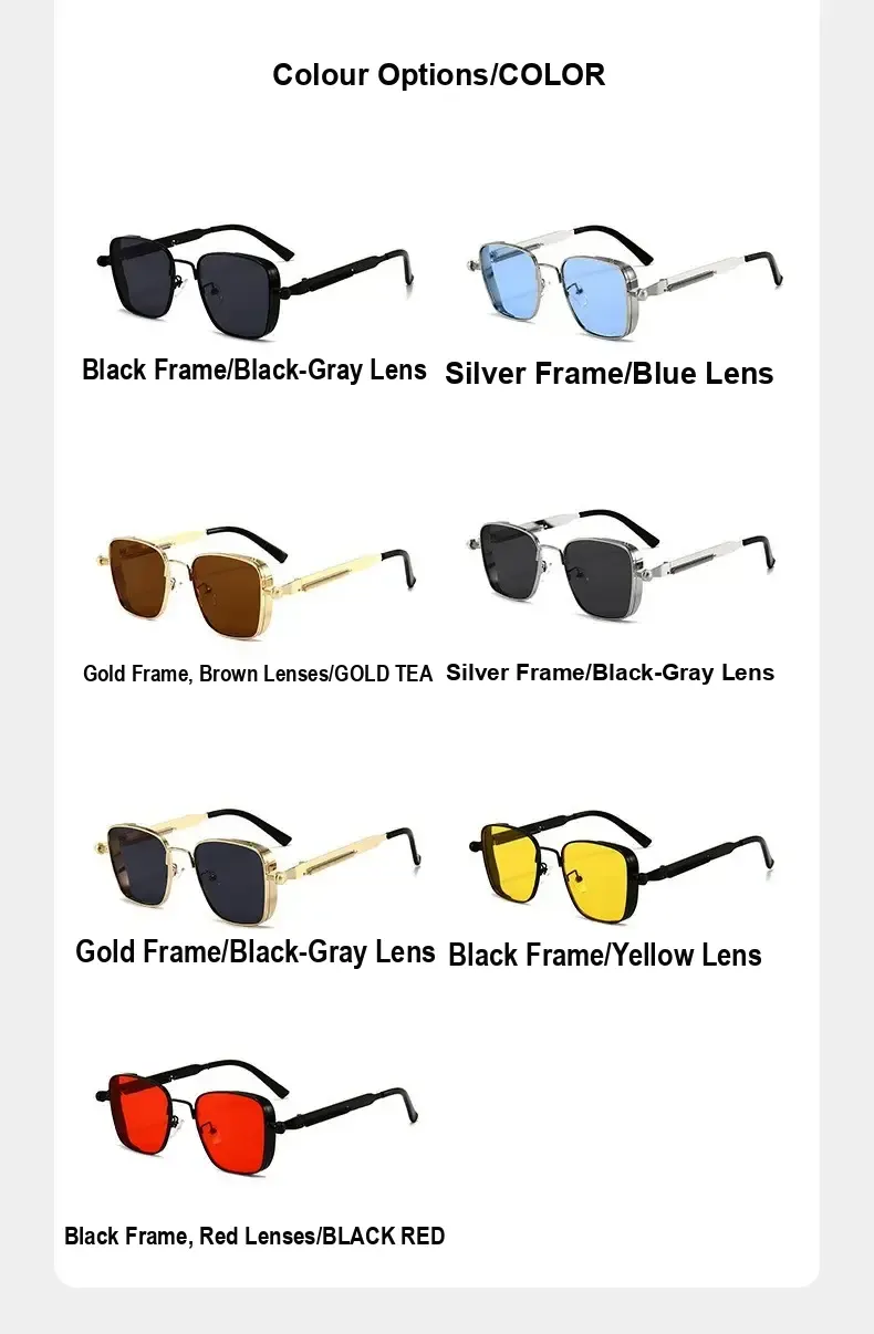 Colour options shown: black with grey, silver with blue, gold with tea, silver with grey, gold with grey, black with yellow, and black with red.