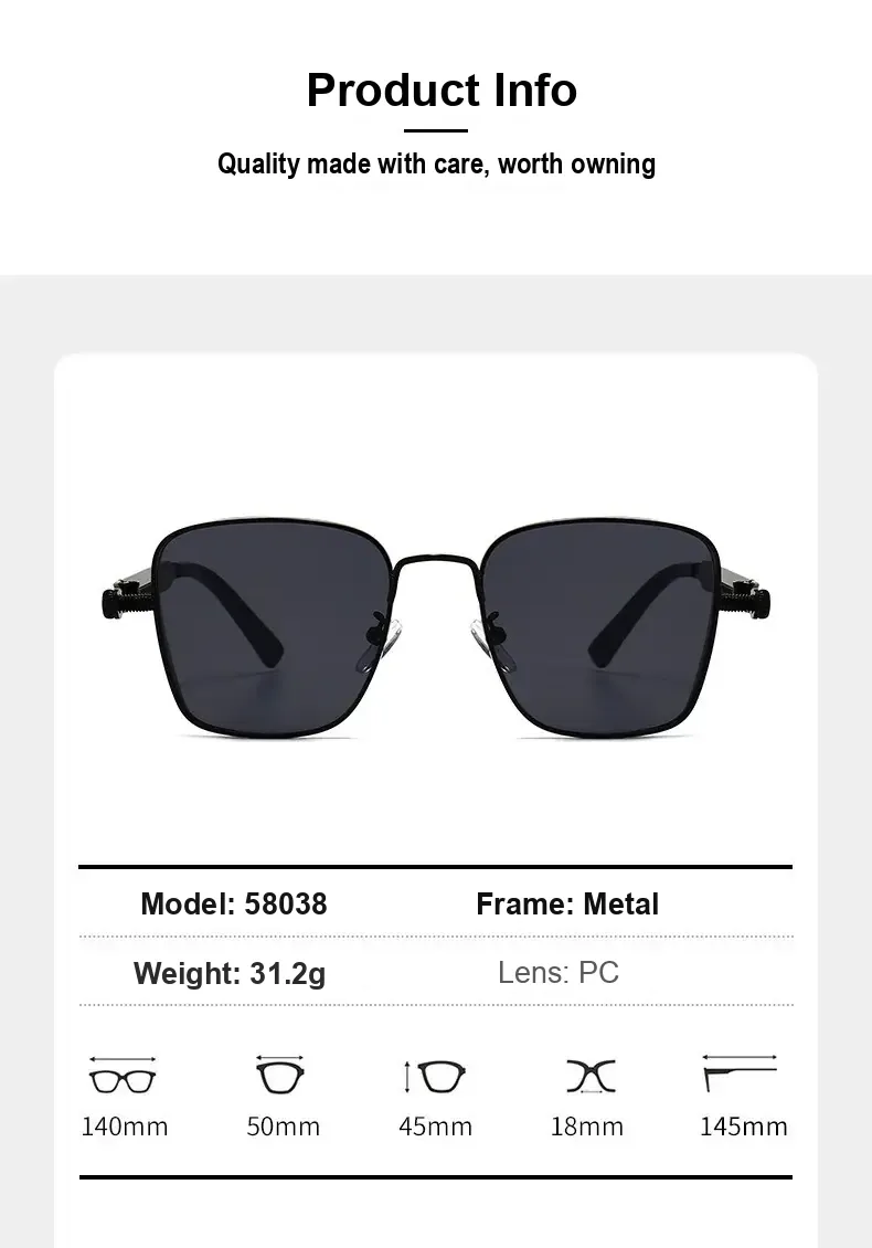 Product information panel listing metal frame, PC lens, weight, and frame measurements.