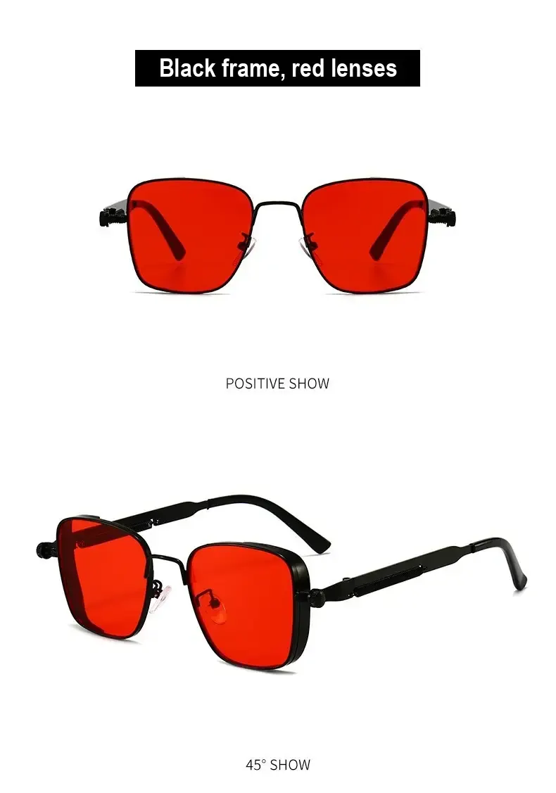 Black-frame sunglasses with red lenses shown from front and at an angle.