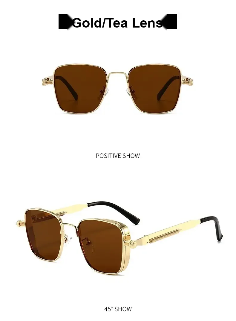 Gold-frame sunglasses with brown tea-coloured lenses shown from front and at an angle.