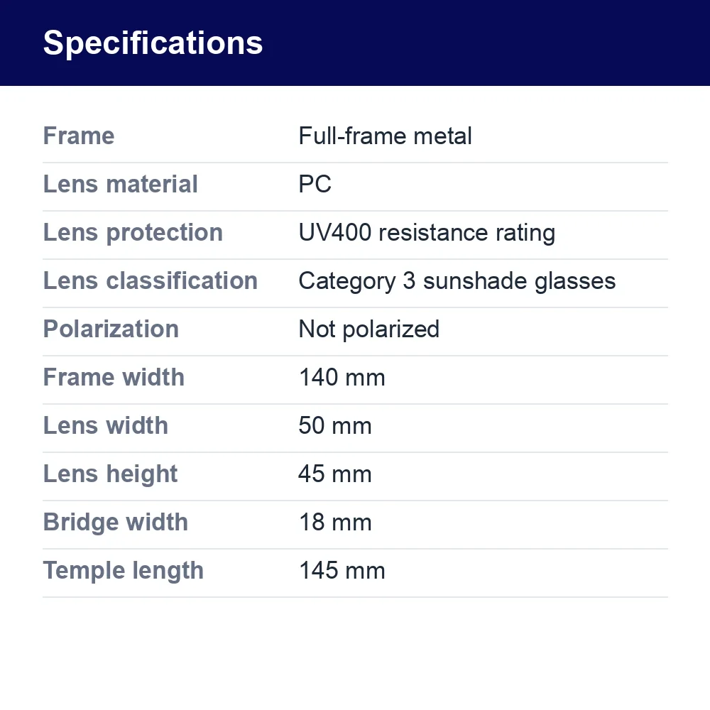 Square Metal Sunglasses With Spring Hinges, UV400 – specifications