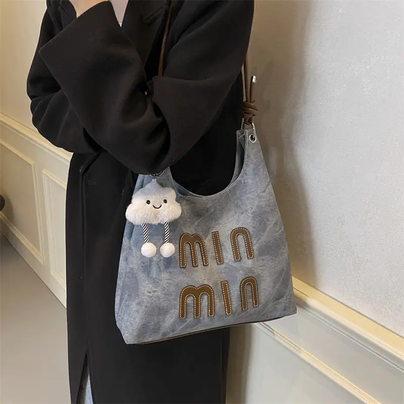 Women's Grey M-Logo Shoulder Bag with Cute Charm - Image 5