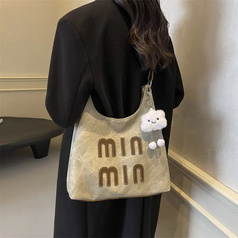 Women's Grey M-Logo Shoulder Bag with Cute Charm - Image 6