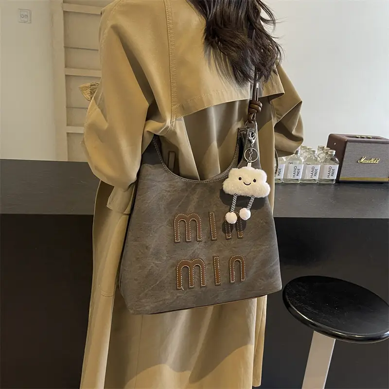Women's Grey M-Logo Shoulder Bag with Cute Charm - Image 7
