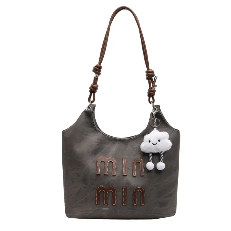 Women's Grey M-Logo Shoulder Bag with Cute Charm - Image 8