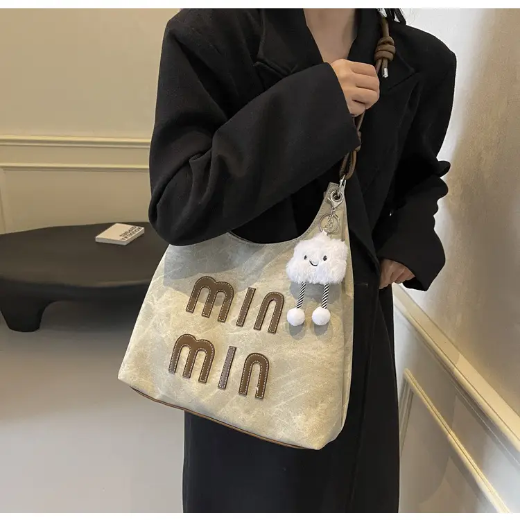 Women's Grey M-Logo Shoulder Bag with Cute Charm — feature 35