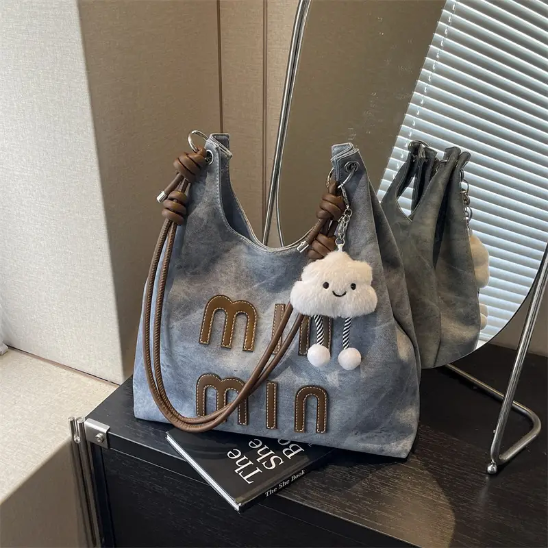 Women's Grey M-Logo Shoulder Bag with Cute Charm - Image 2