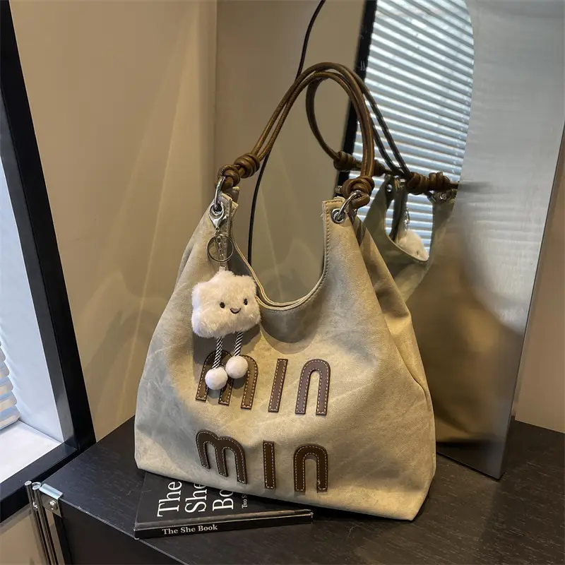 Women's Grey M-Logo Shoulder Bag with Cute Charm - Image 3