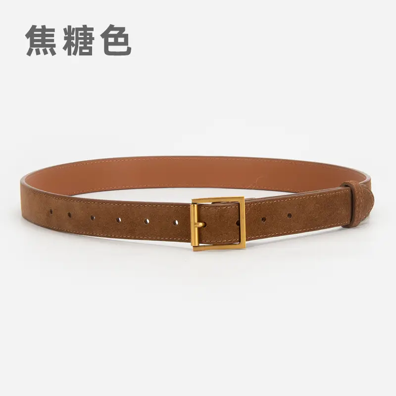 Women Retro Frosted Leather Belt with Gold Pin Buckle - Image 3