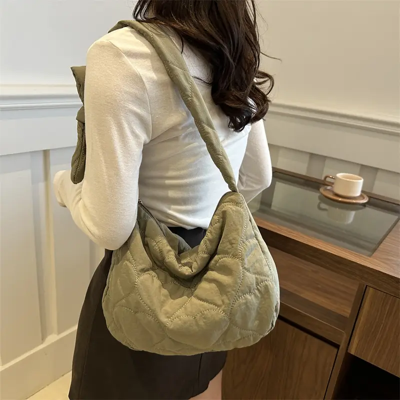Korean Rhombic Puffer Shoulder Bag Olive Green - Image 8