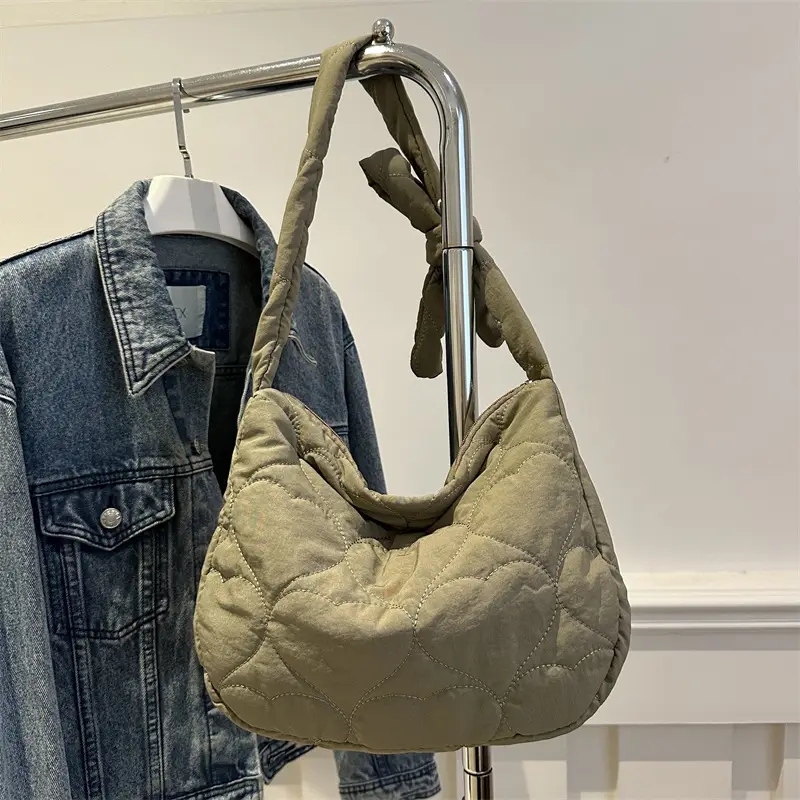 Korean Rhombic Puffer Shoulder Bag Olive Green - Image 5