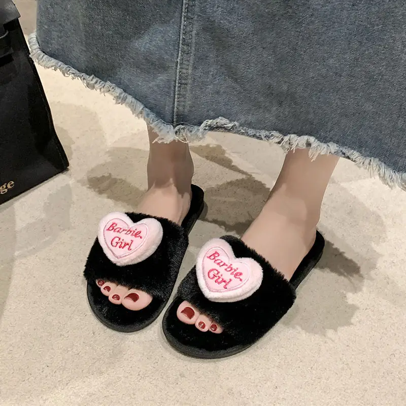 Love accessories fluffy slippers women wear 2024 autumn and winter new sweet girls home plush cotton slippers wholesale