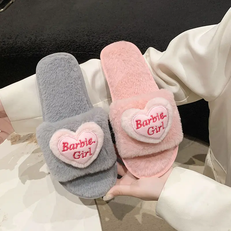 Love accessories fluffy slippers women wear 2024 autumn and winter new sweet girls home plush cotton slippers wholesale