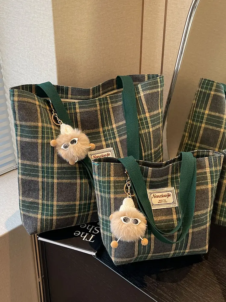 High School Canvas Bag Plaid Green 2024 Commuter Large Capacity - Image 14
