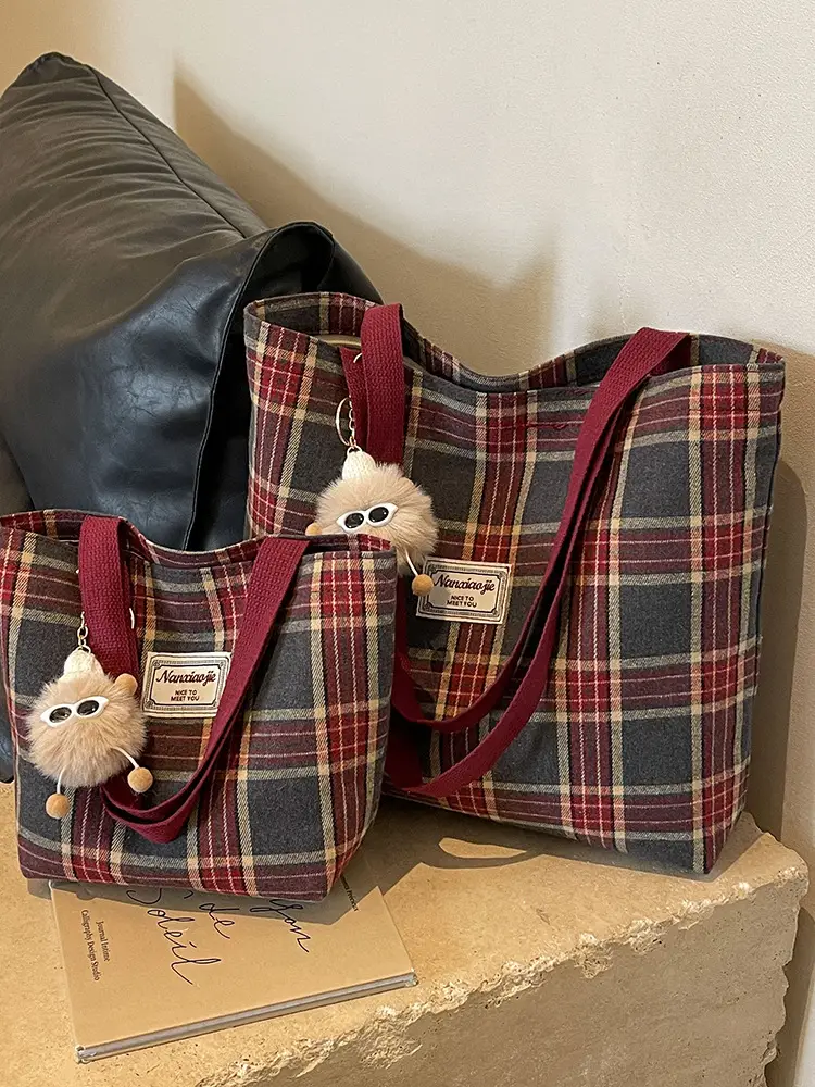 High School Canvas Bag Plaid Green 2024 Commuter Large Capacity - Image 15