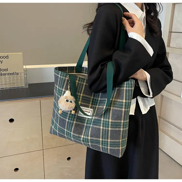High School Canvas Bag Plaid Green 2024 Commuter Large Capacity — feature 14