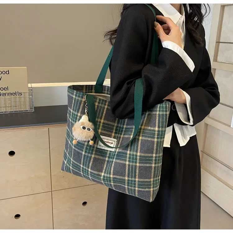 High School Canvas Bag Plaid Green 2024 Commuter Large Capacity — feature 15