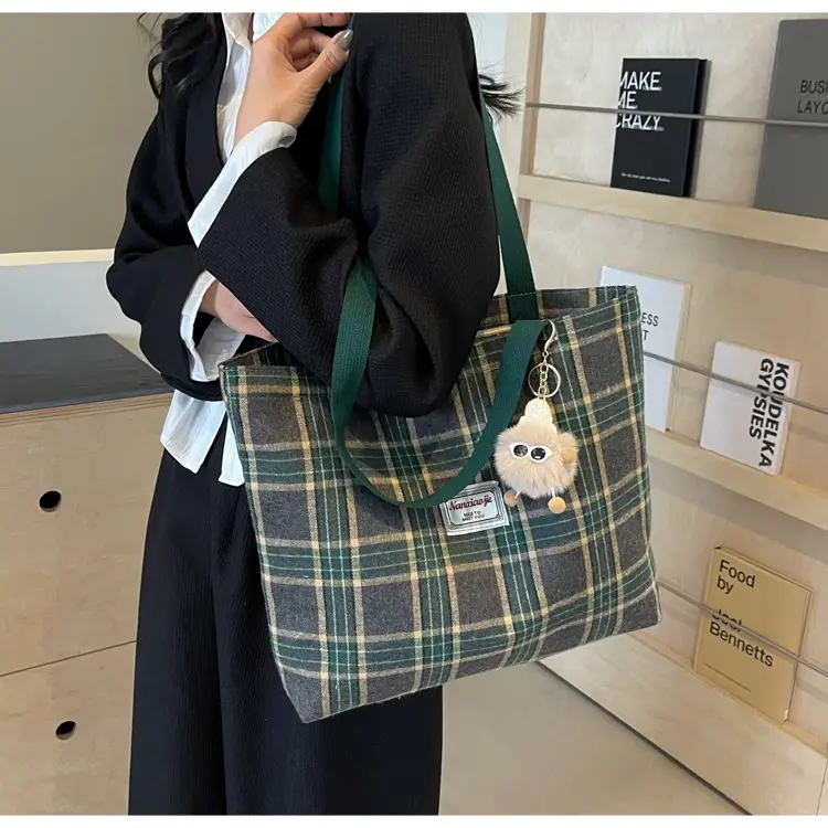 High School Canvas Bag Plaid Green 2024 Commuter Large Capacity — feature 16