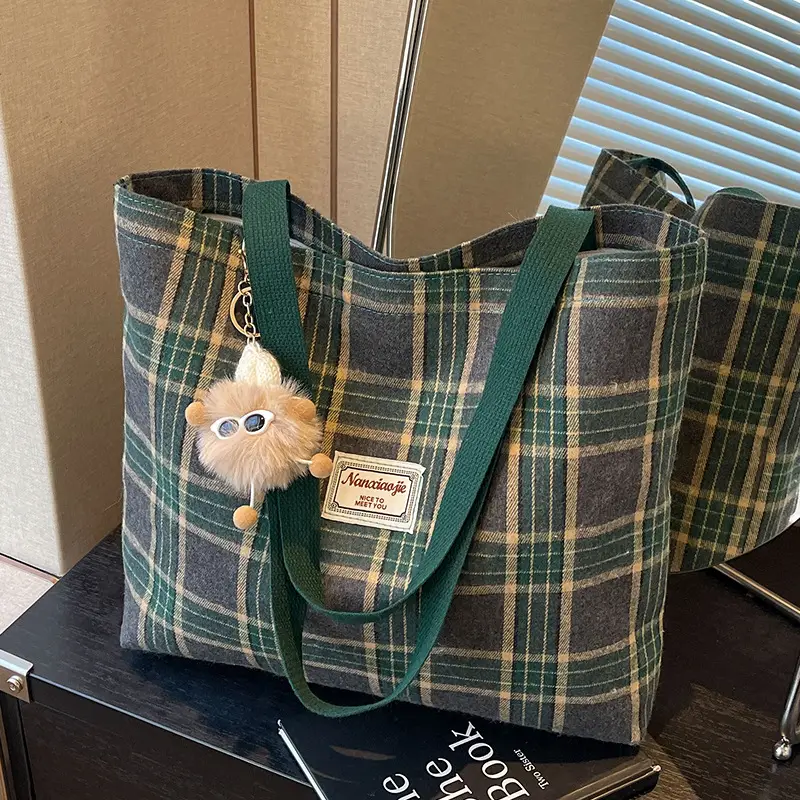 High School Canvas Bag Plaid Green 2024 Commuter Large Capacity - Image 3