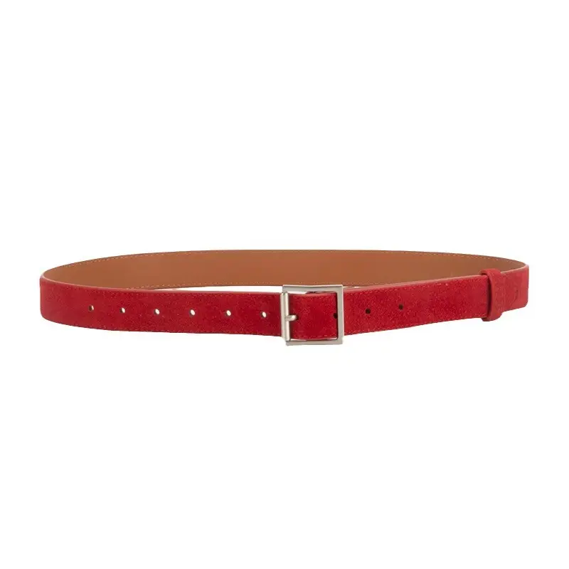 Women's Beige Frosted Velvet Belt with Square Buckle