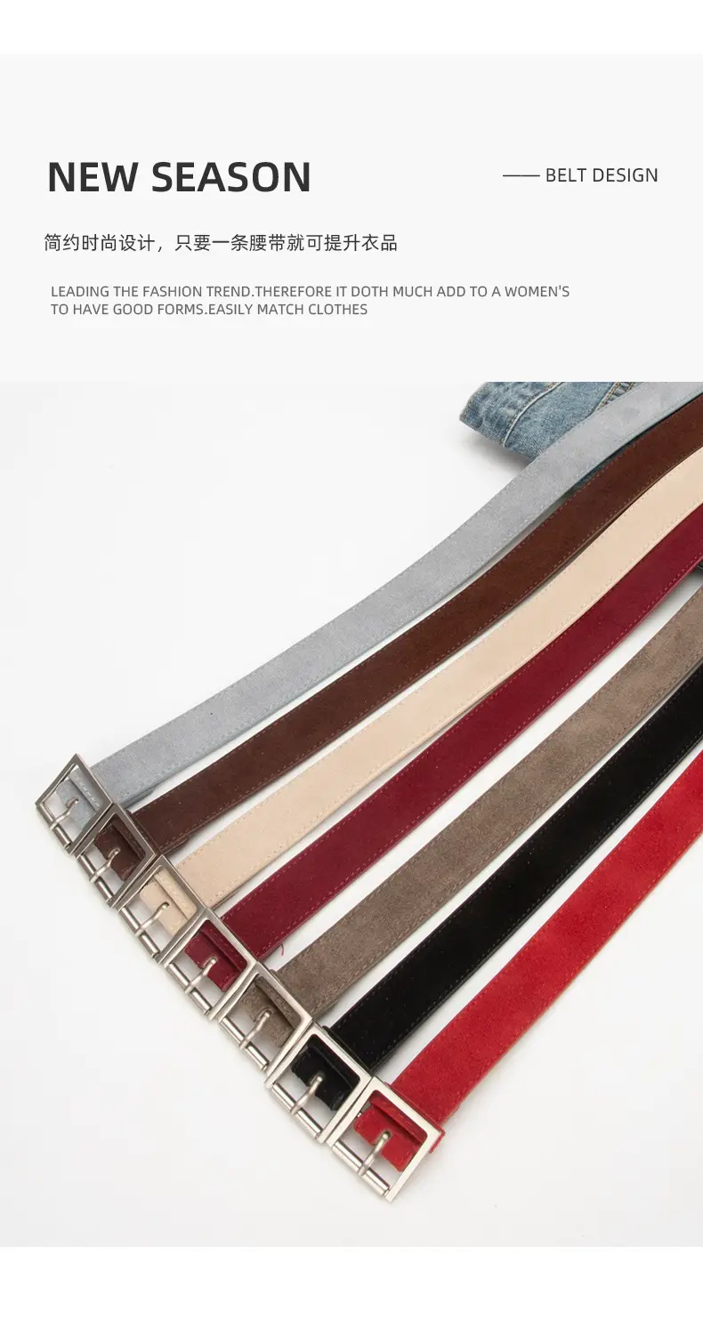 Women's Beige Frosted Velvet Belt with Square Buckle — feature 4