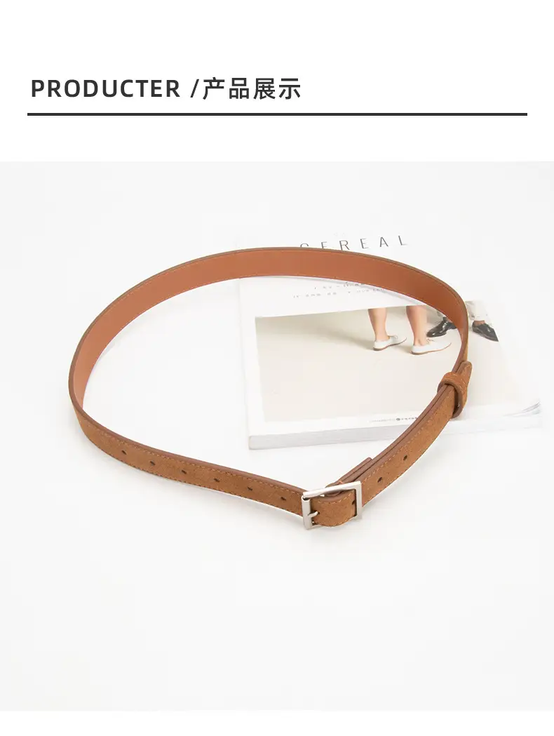 Women's Beige Frosted Velvet Belt with Square Buckle — feature 9
