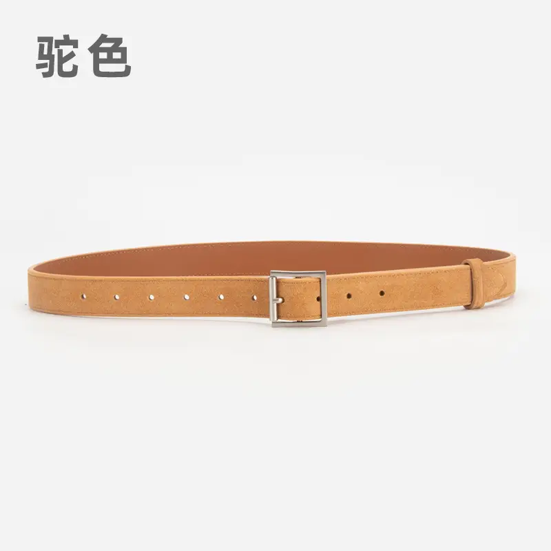 Women's Beige Frosted Velvet Belt with Square Buckle
