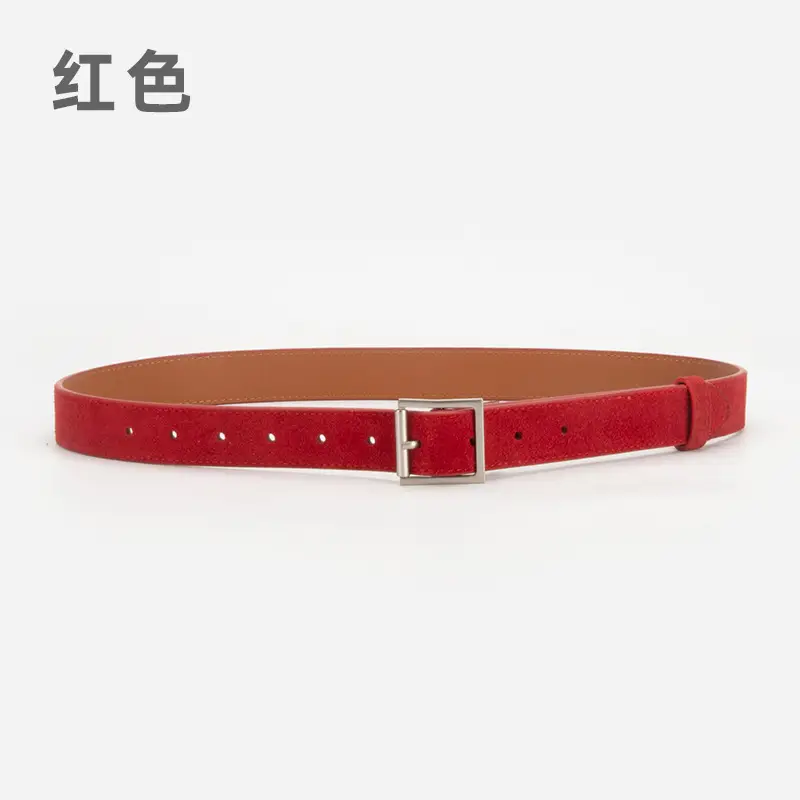 Women's Beige Frosted Velvet Belt with Square Buckle