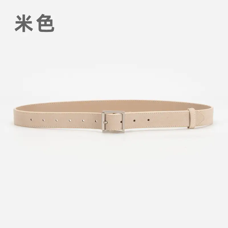 Women's Beige Frosted Velvet Belt with Square Buckle