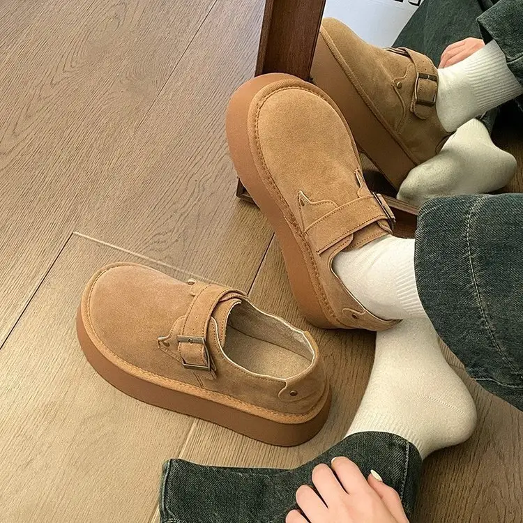 Platform-soled Birkenness Shoes 2024 Autumn Women's Shoes Single-layer Shoes Slip-on Round Toe Retro Loafers Height-increasing All-match Bean Shoes