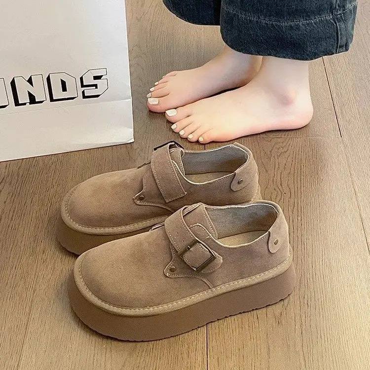 Platform-soled Birkenness Shoes 2024 Autumn Women's Shoes Single-layer Shoes Slip-on Round Toe Retro Loafers Height-increasing All-match Bean Shoes
