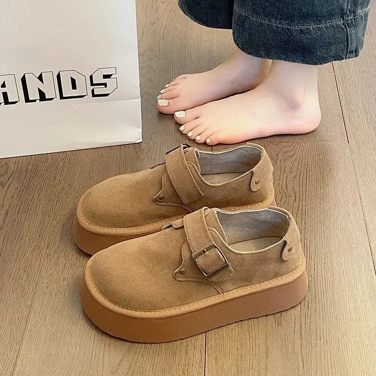 Platform-soled Birkenness Shoes 2024 Autumn Women's Shoes Single-layer Shoes Slip-on Round Toe Retro Loafers Height-increasing All-match Bean Shoes